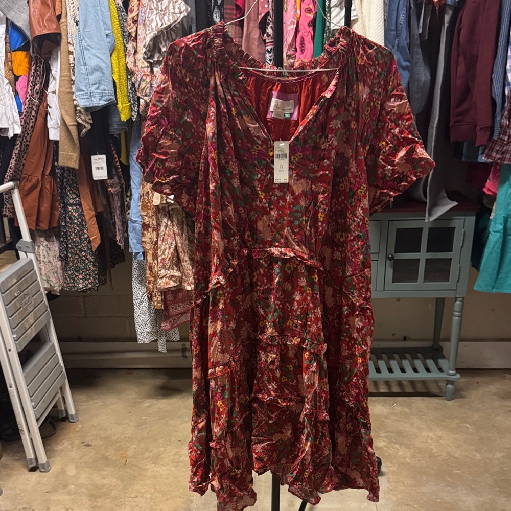 Anthropologie Red Floral Midi Dress